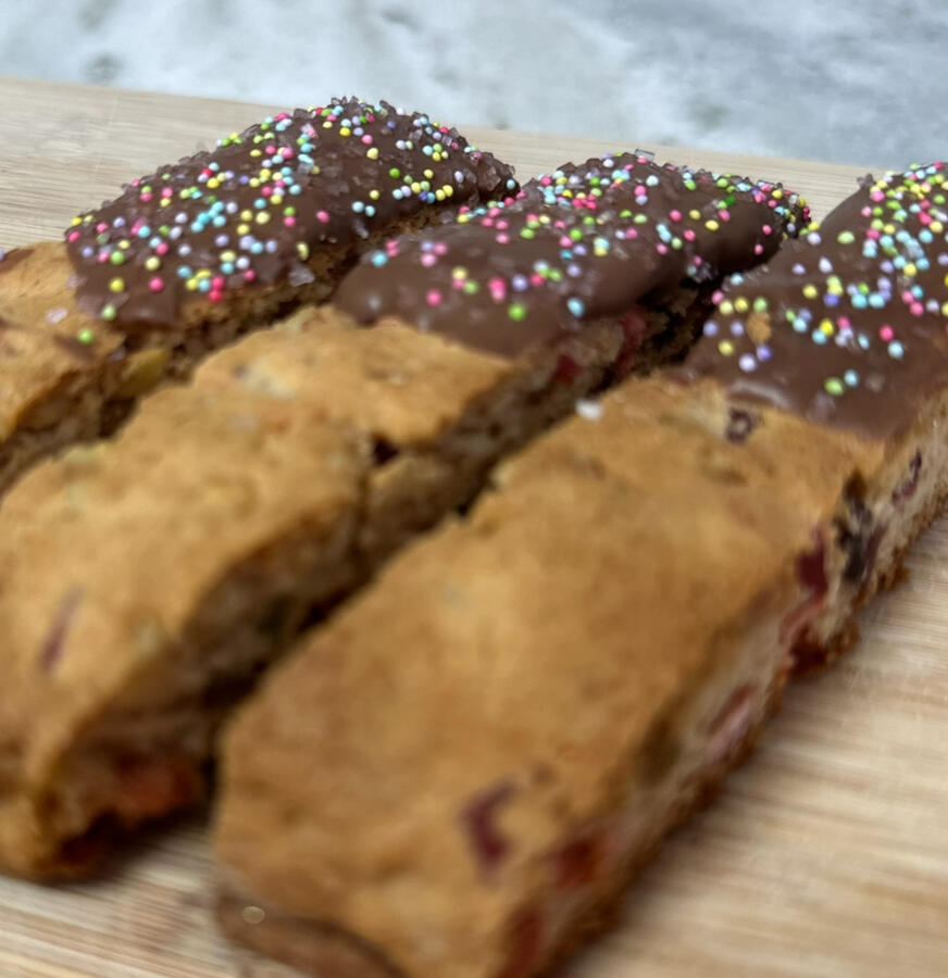 gourmet cranberry pecan with milk chocolate drizzle biscotti